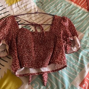 Burgundy Top with floral white design